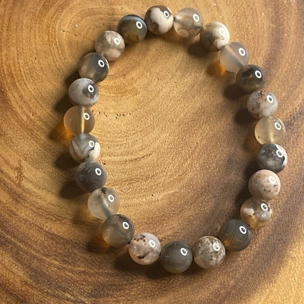 Black Flower Agate stretch beaded bracelet 7” crystal healing beads 8mm ONE NEW